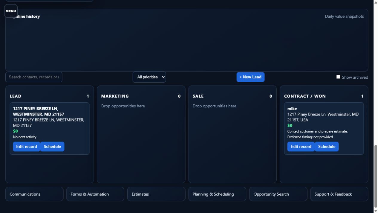 Live SiteMark CRM pipeline with draggable customer cards