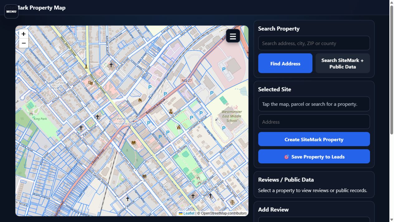 Live SiteMark property map with parcel boundaries